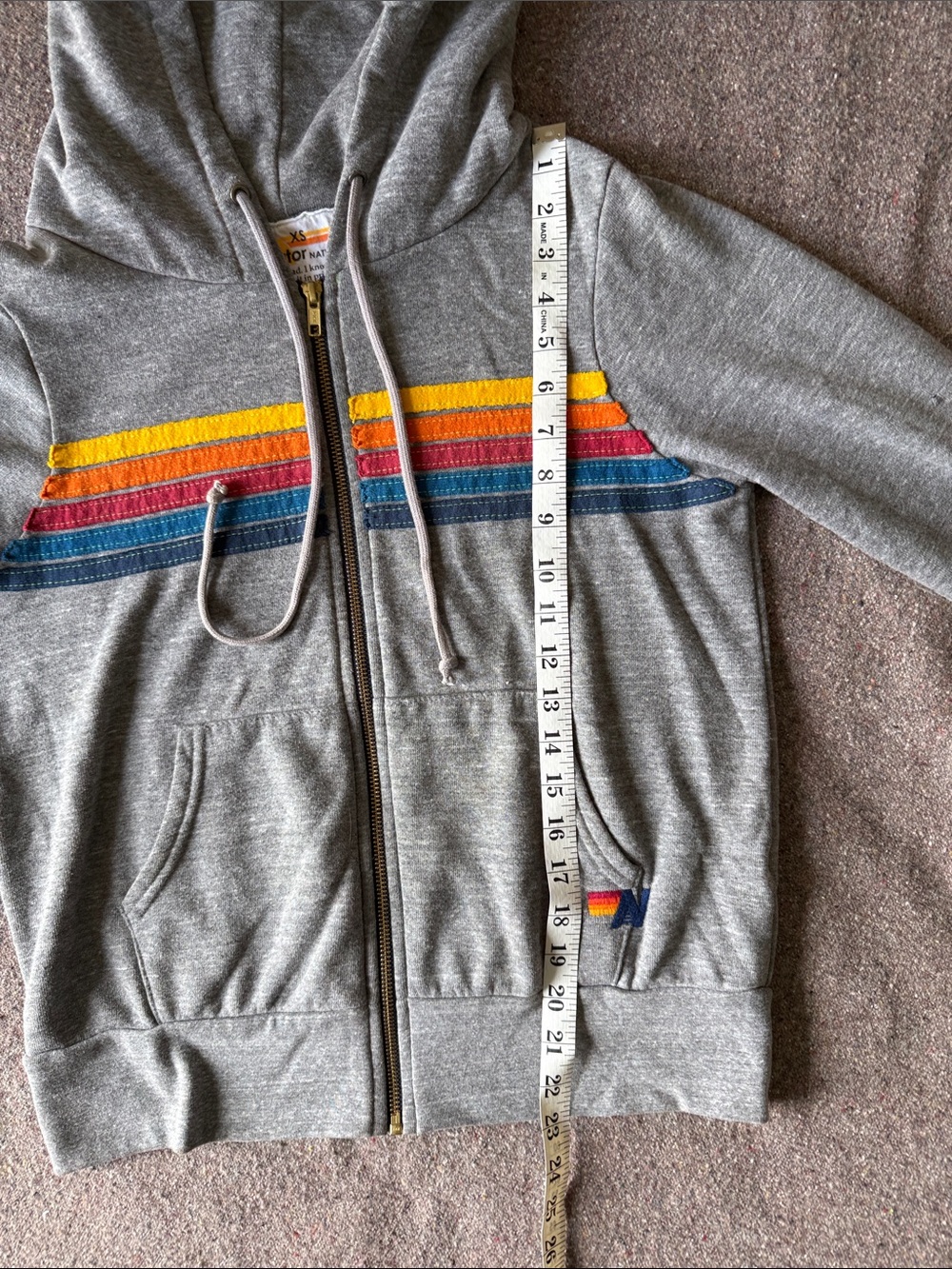 Aviator Nation Grey Zip-Up Hoodie with Yellow, Orange, Red and Blue Stripes (XS) - Picture 5 of 10